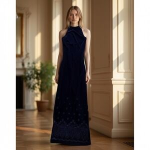 Rocket Candy Velvet Maxi Dress Womens Small‎ Navy Blue Glitter Floral Halter Y2K